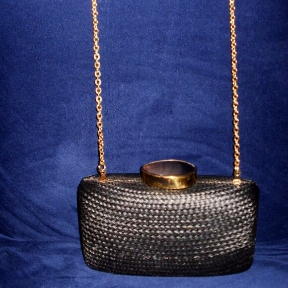 Kayu Black Tight Woven Straw Clutch Bag Mother of Pearl Shoulder Strap Excellent - Picture 1 of 10